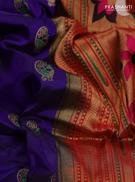 Pure paithani silk saree blue and green with allover zari woven annam buttas and paithani weaving pallu