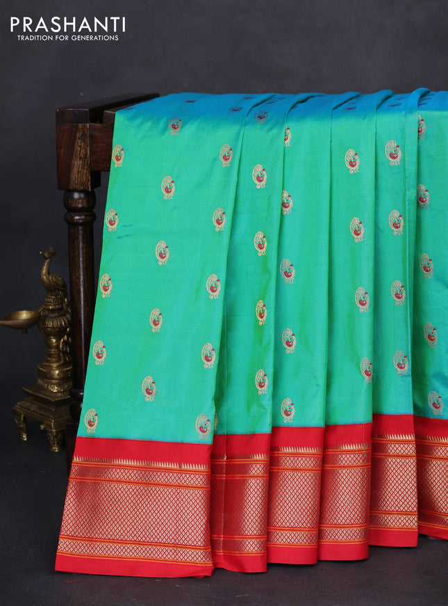 Pure paithani silk saree teal bluish green and red with allover zari woven annam buttas and paithani weaving pallu