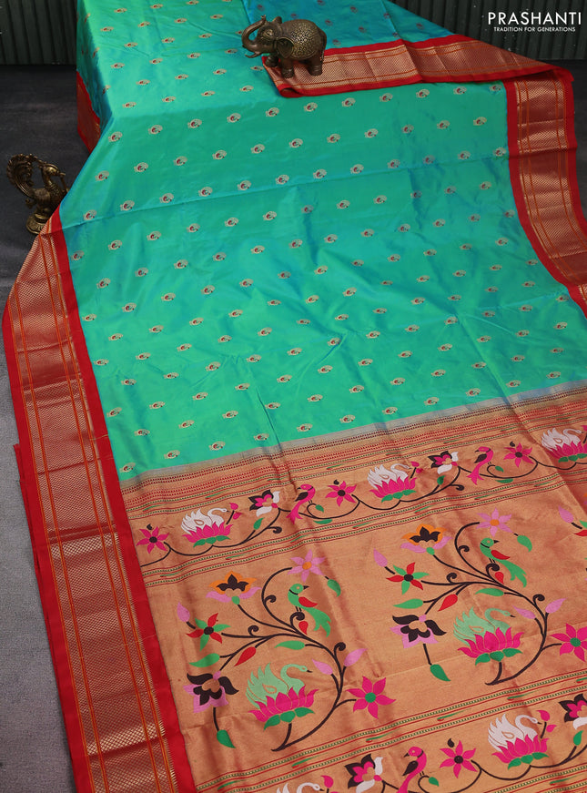 Pure paithani silk saree teal bluish green and red with allover zari woven annam buttas and paithani weaving pallu