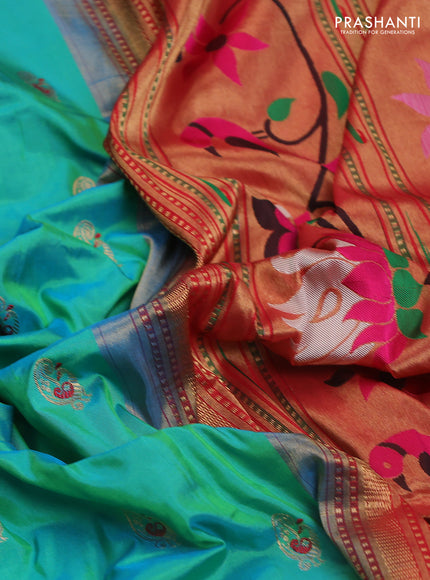 Pure paithani silk saree teal bluish green and red with allover zari woven annam buttas and paithani weaving pallu