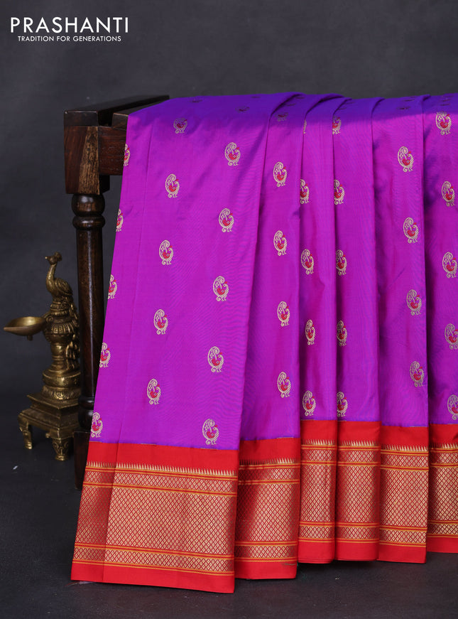 Pure paithani silk saree purple and red with allover zari woven annam buttas and paithani weaving pallu