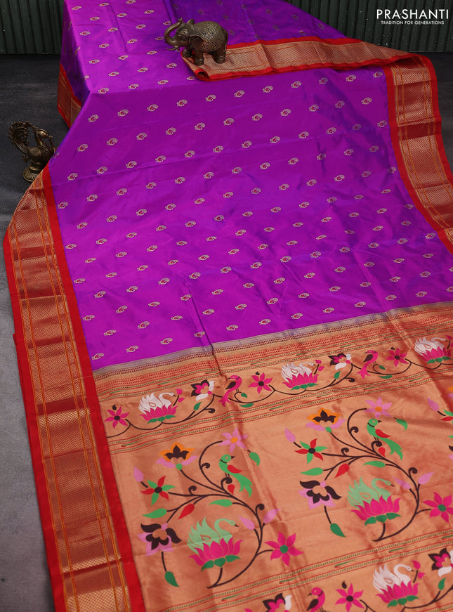 Pure paithani silk saree purple and red with allover zari woven annam buttas and paithani weaving pallu