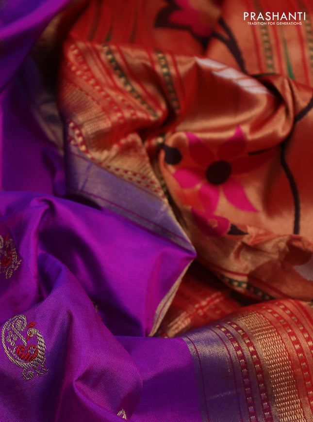 Pure paithani silk saree purple and red with allover zari woven annam buttas and paithani weaving pallu