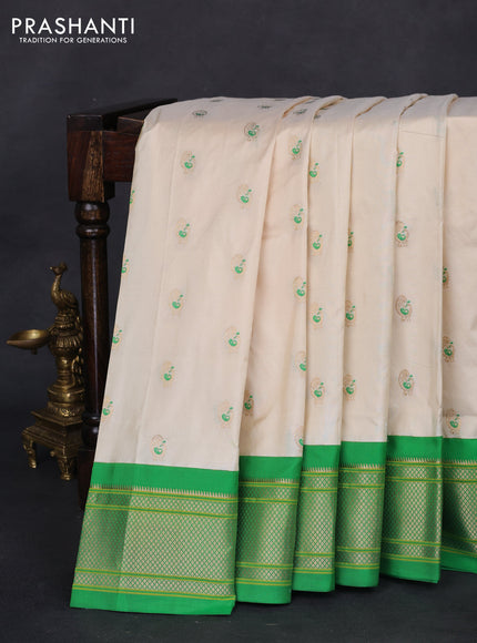 Pure paithani silk saree cream and green with allover zari woven annam buttas and paithani weaving pallu