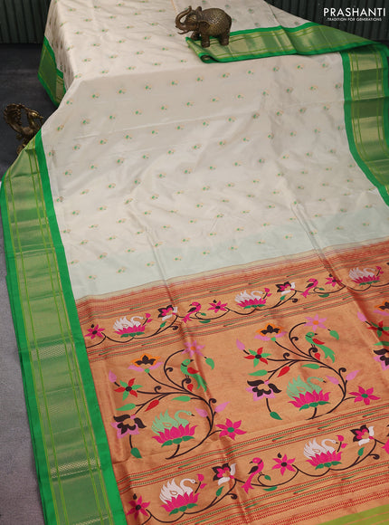 Pure paithani silk saree cream and green with allover zari woven annam buttas and paithani weaving pallu
