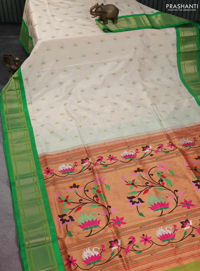 Pure paithani silk saree cream and green with allover zari woven annam buttas and paithani weaving pallu