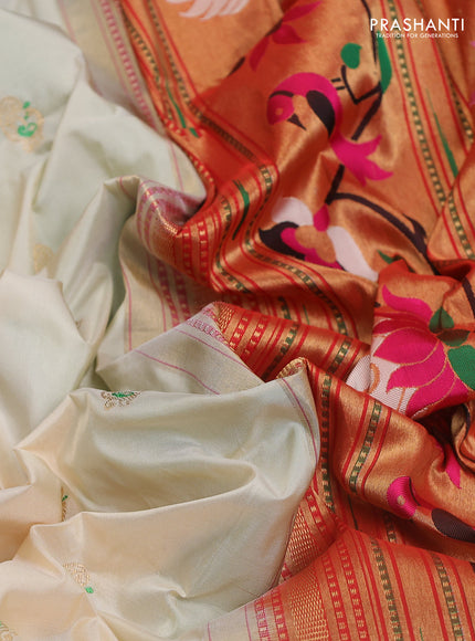 Pure paithani silk saree cream and green with allover zari woven annam buttas and paithani weaving pallu