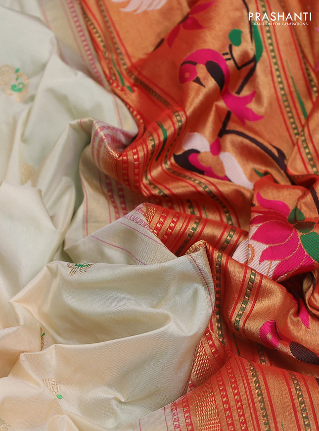 Pure paithani silk saree cream and green with allover zari woven annam buttas and paithani weaving pallu