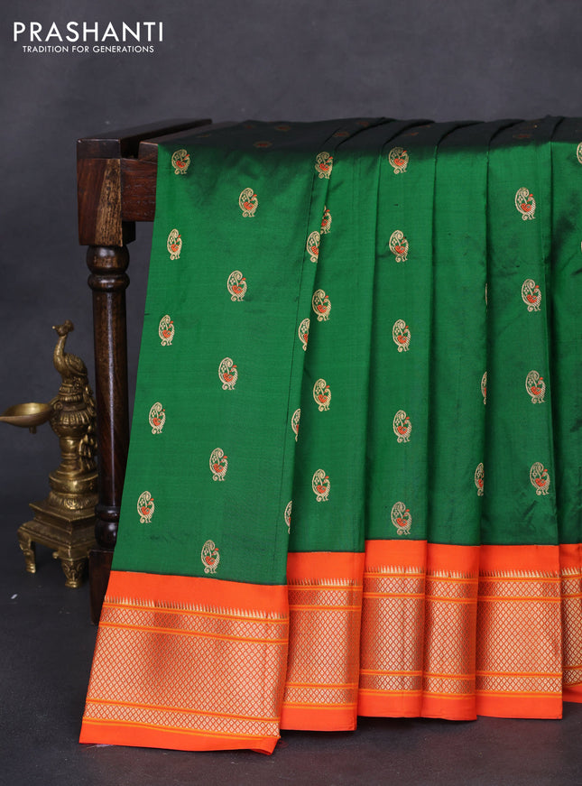 Pure paithani silk saree green and orange with allover zari woven annam buttas and paithani weaving pallu