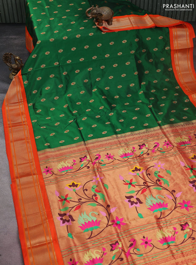 Pure paithani silk saree green and orange with allover zari woven annam buttas and paithani weaving pallu