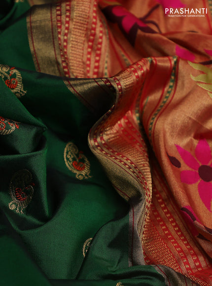 Pure paithani silk saree green and orange with allover zari woven annam buttas and paithani weaving pallu