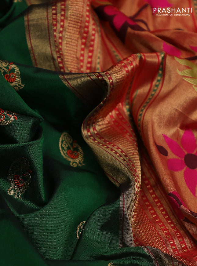 Pure paithani silk saree green and orange with allover zari woven annam buttas and paithani weaving pallu
