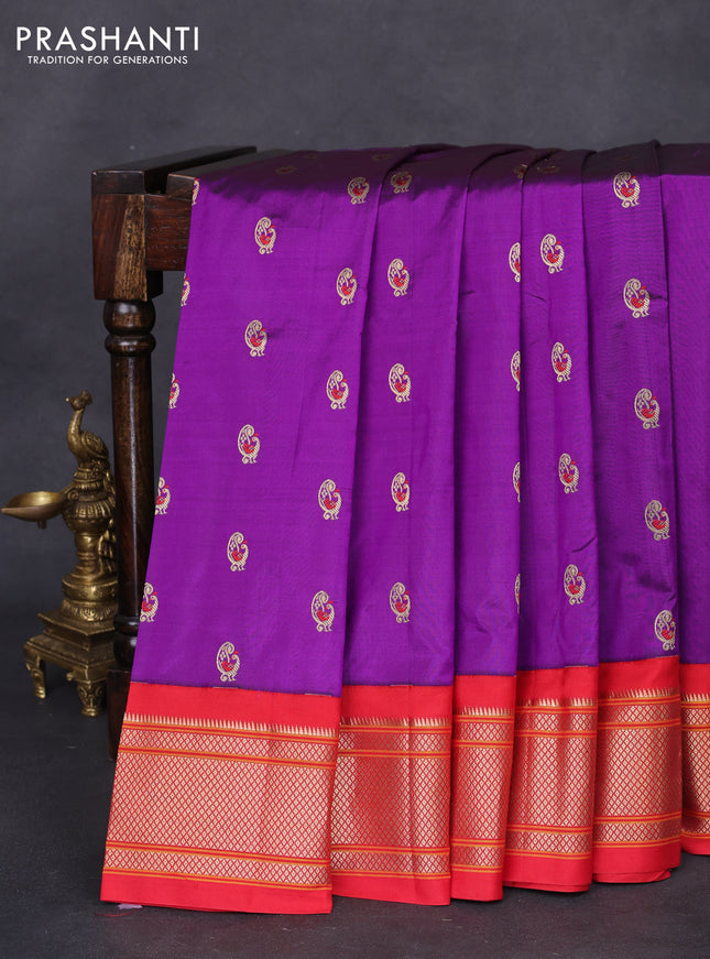 Pure paithani silk saree purple and red with allover zari woven annam buttas and paithani weaving pallu