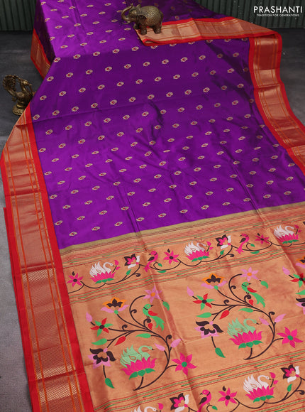 Pure paithani silk saree purple and red with allover zari woven annam buttas and paithani weaving pallu