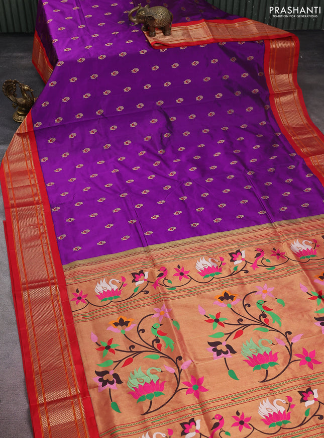 Pure paithani silk saree purple and red with allover zari woven annam buttas and paithani weaving pallu