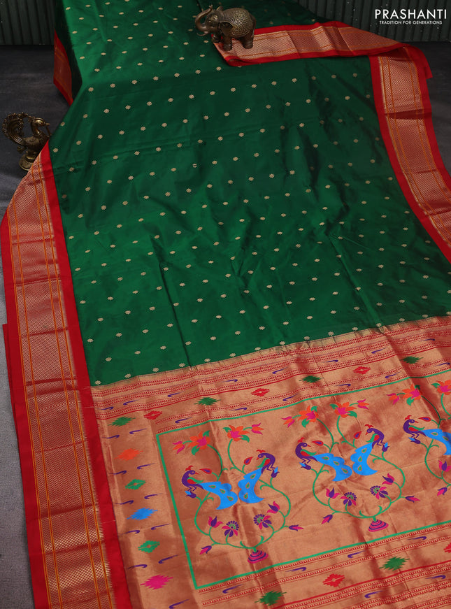 Pure paithani silk saree green and red with allover zari woven buttas and paithani weaving pallu