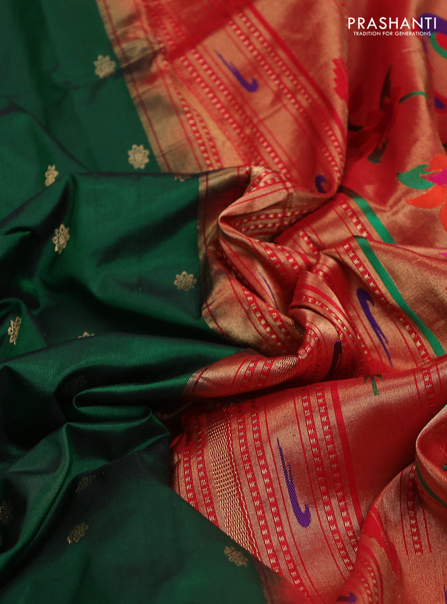 Pure paithani silk saree green and red with allover zari woven buttas and paithani weaving pallu