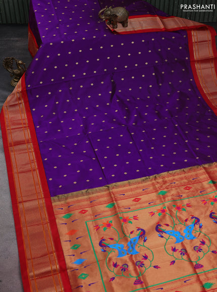 Pure paithani silk saree purple and red with allover zari woven buttas and paithani weaving pallu