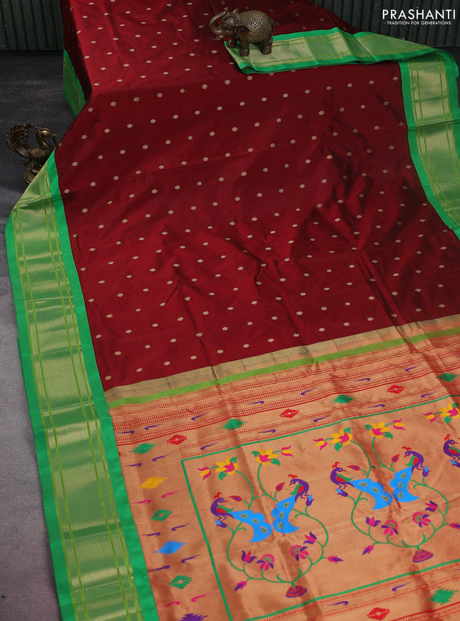 Pure paithani silk saree maroon and green with allover zari woven buttas and paithani weaving pallu