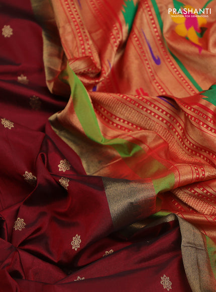 Pure paithani silk saree maroon and green with allover zari woven buttas and paithani weaving pallu