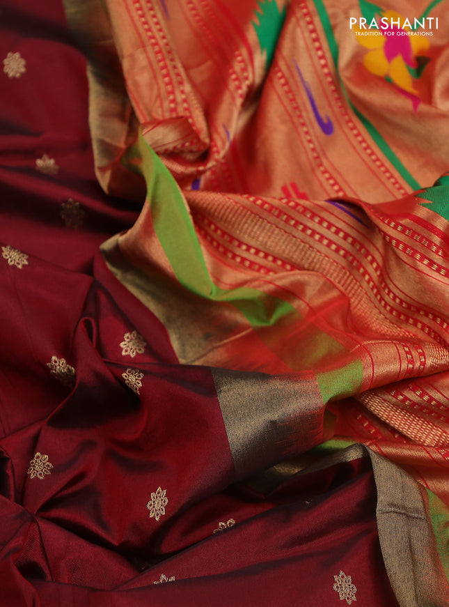 Pure paithani silk saree maroon and green with allover zari woven buttas and paithani weaving pallu