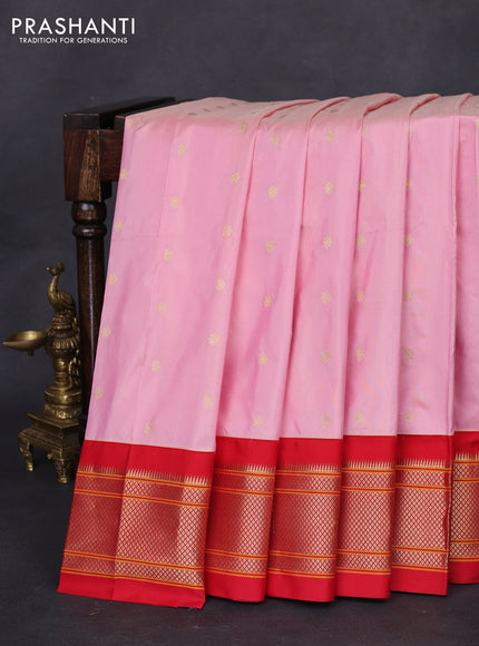 Pure paithani silk saree peach pink shade and red with allover zari woven buttas and paithani weaving pallu