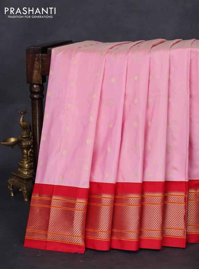 Pure paithani silk saree peach pink shade and red with allover zari woven buttas and paithani weaving pallu