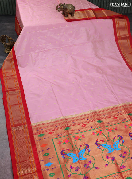 Pure paithani silk saree peach pink shade and red with allover zari woven buttas and paithani weaving pallu