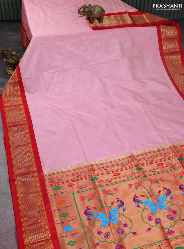 Pure paithani silk saree peach pink shade and red with allover zari woven buttas and paithani weaving pallu