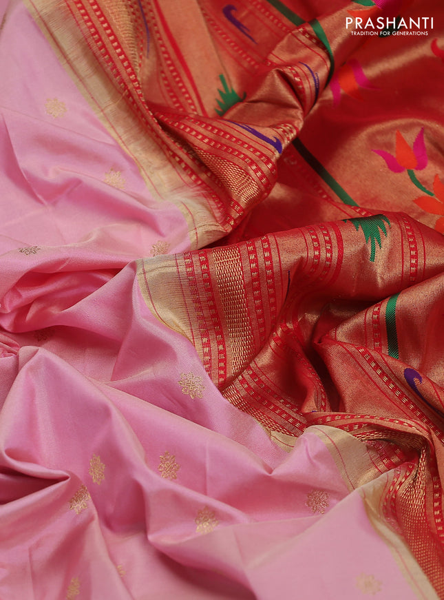 Pure paithani silk saree peach pink shade and red with allover zari woven buttas and paithani weaving pallu