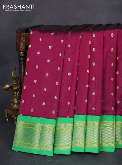 Pure paithani silk saree dark magenta pink and green with allover zari woven buttas and paithani weaving pallu