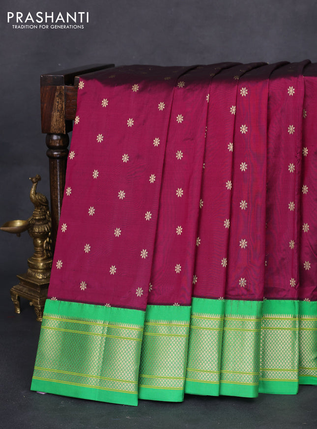 Pure paithani silk saree dark magenta pink and green with allover zari woven buttas and paithani weaving pallu