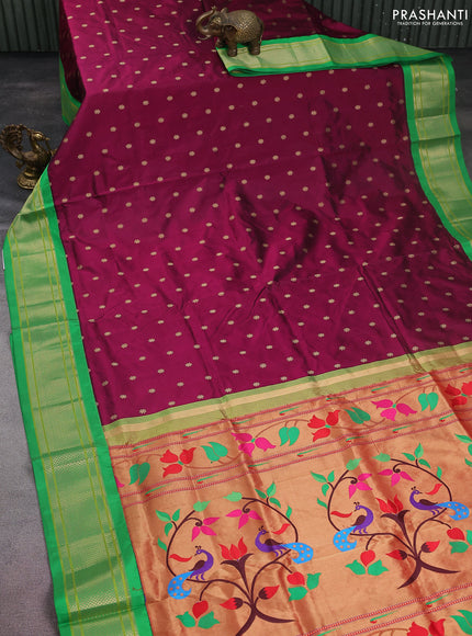 Pure paithani silk saree dark magenta pink and green with allover zari woven buttas and paithani weaving pallu