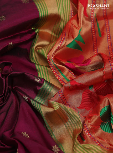 Pure paithani silk saree dark magenta pink and green with allover zari woven buttas and paithani weaving pallu