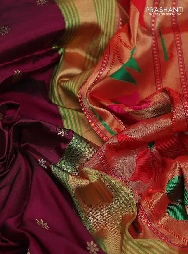 Pure paithani silk saree dark magenta pink and green with allover zari woven buttas and paithani weaving pallu