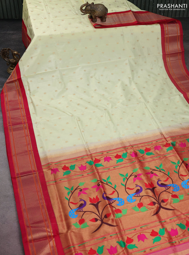 Pure paithani silk saree pale yellow and pink with allover zari woven buttas and paithani weaving pallu