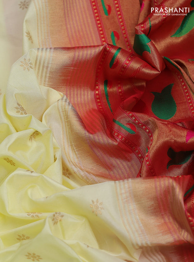 Pure paithani silk saree pale yellow and pink with allover zari woven buttas and paithani weaving pallu