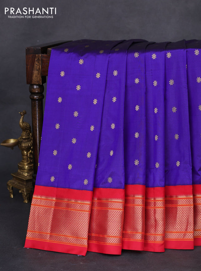 Pure paithani silk saree blue and red with allover zari woven buttas and paithani weaving pallu