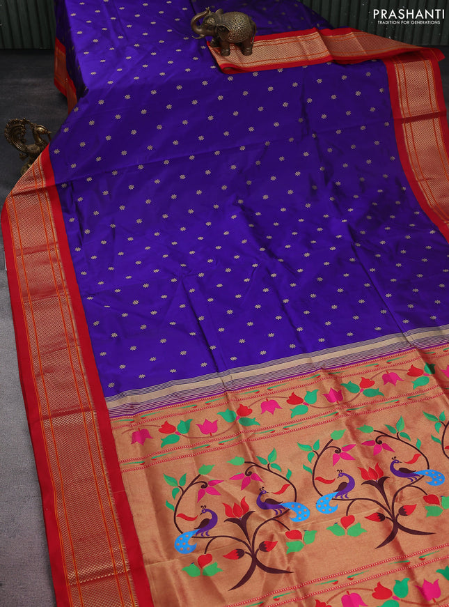 Pure paithani silk saree blue and red with allover zari woven buttas and paithani weaving pallu