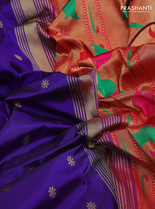 Pure paithani silk saree blue and red with allover zari woven buttas and paithani weaving pallu