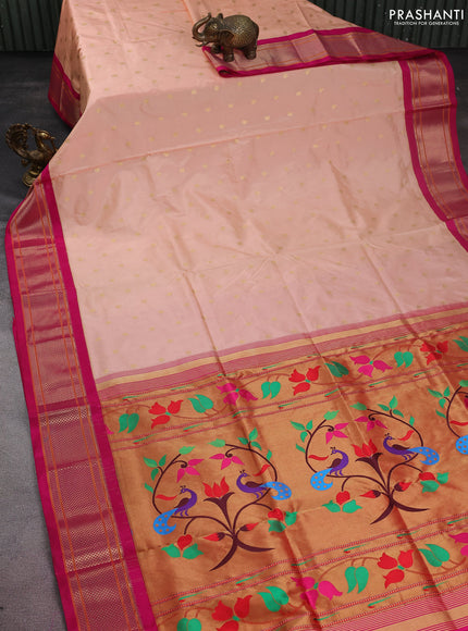 Pure paithani silk saree peach orange and pink with allover zari woven buttas and paithani weaving pallu