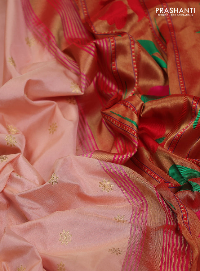 Pure paithani silk saree peach orange and pink with allover zari woven buttas and paithani weaving pallu