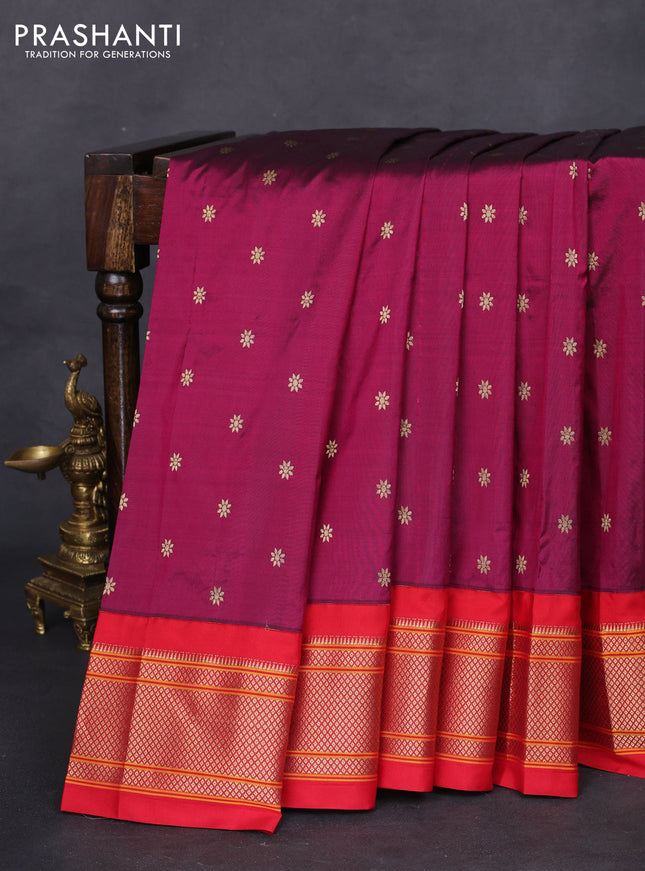 Pure paithani silk saree dark magenta pink and red with allover zari woven buttas and paithani weaving pallu