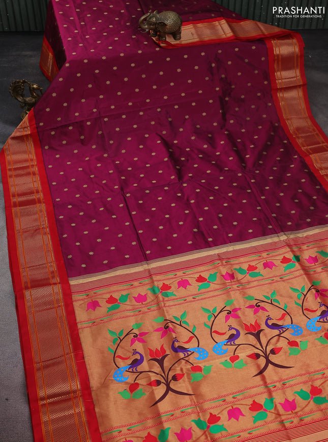 Pure paithani silk saree dark magenta pink and red with allover zari woven buttas and paithani weaving pallu