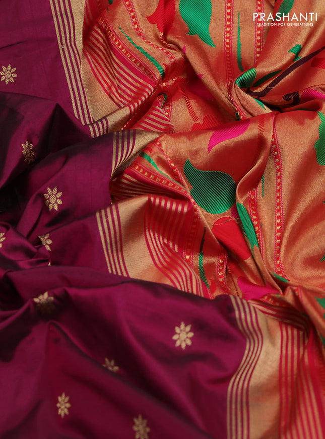 Pure paithani silk saree dark magenta pink and red with allover zari woven buttas and paithani weaving pallu