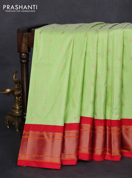 Pure paithani silk saree pista green and red with allover zari woven buttas and paithani weaving pallu