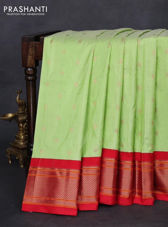 Pure paithani silk saree pista green and red with allover zari woven buttas and paithani weaving pallu
