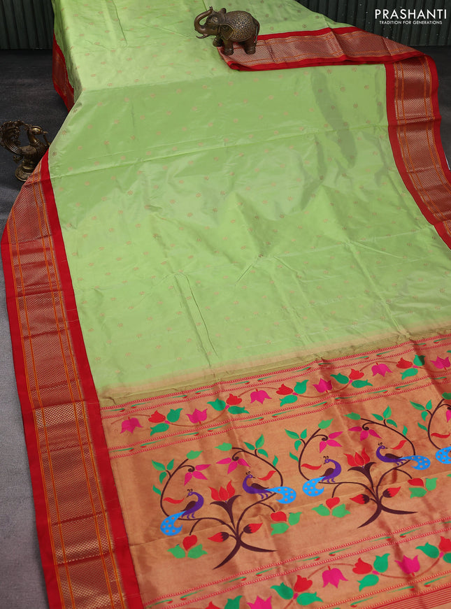 Pure paithani silk saree pista green and red with allover zari woven buttas and paithani weaving pallu