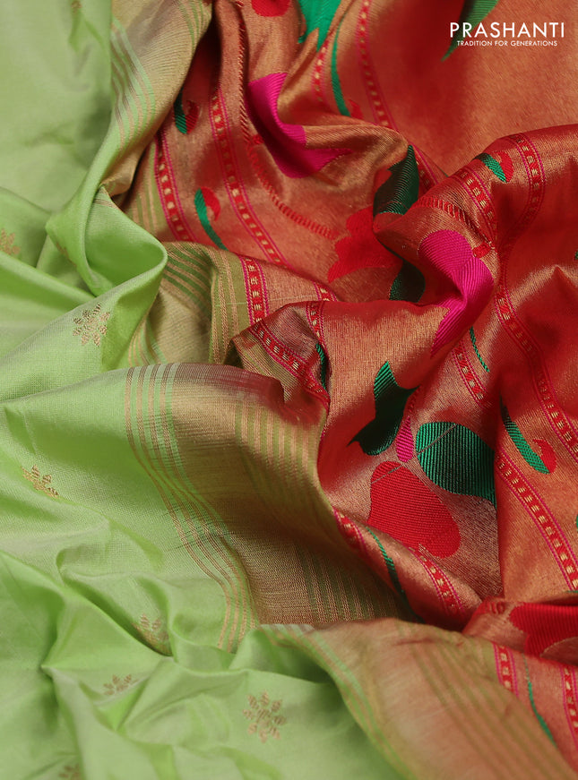 Pure paithani silk saree pista green and red with allover zari woven buttas and paithani weaving pallu