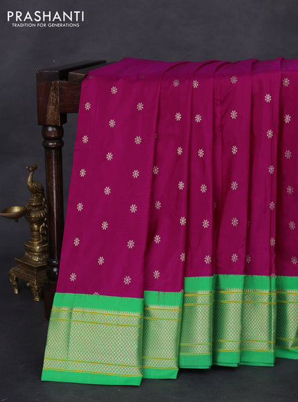 Pure paithani silk saree pink and green with allover zari woven floral buttas and paithani weaving pallu